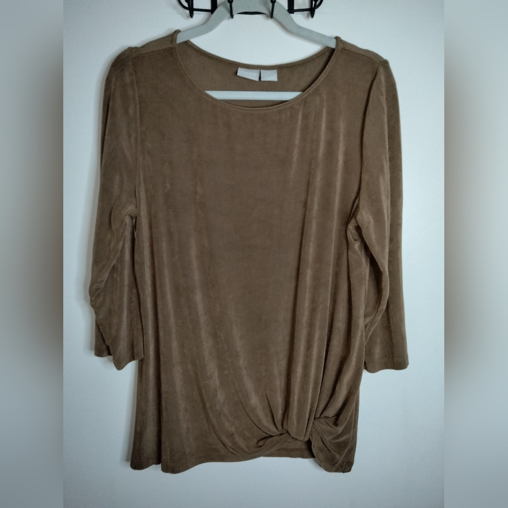 Chico's Travelers (Size 2/L/12) Tan Stretch Twist Knot Hem  3/4 Sleeve Blouse